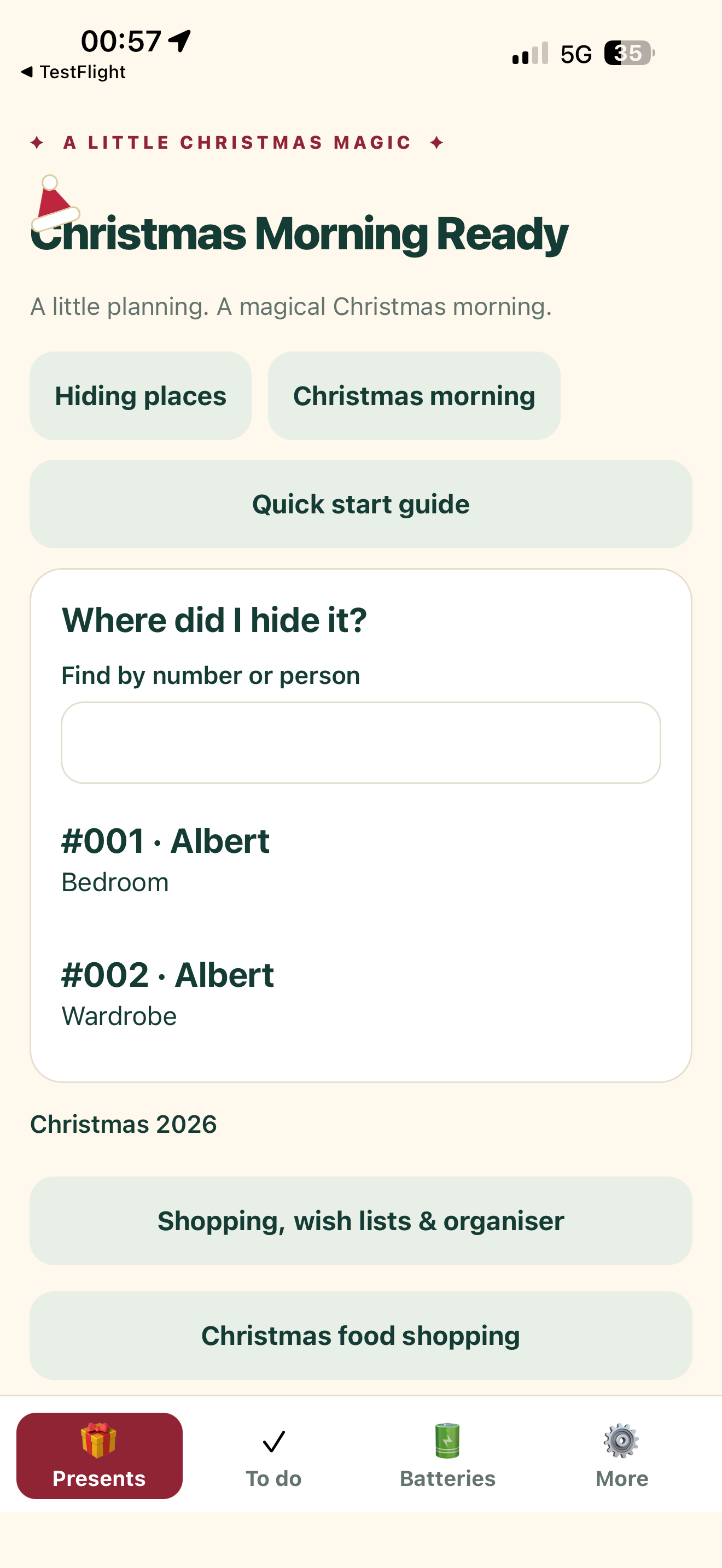 The Christmas Morning Ready app showing gift hiding places and planning tools