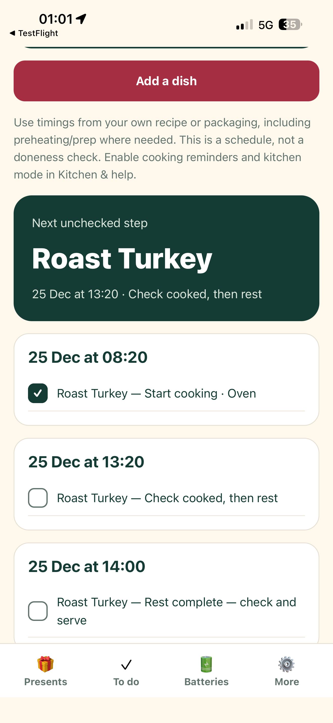 Christmas dinner timetable showing the next cooking step