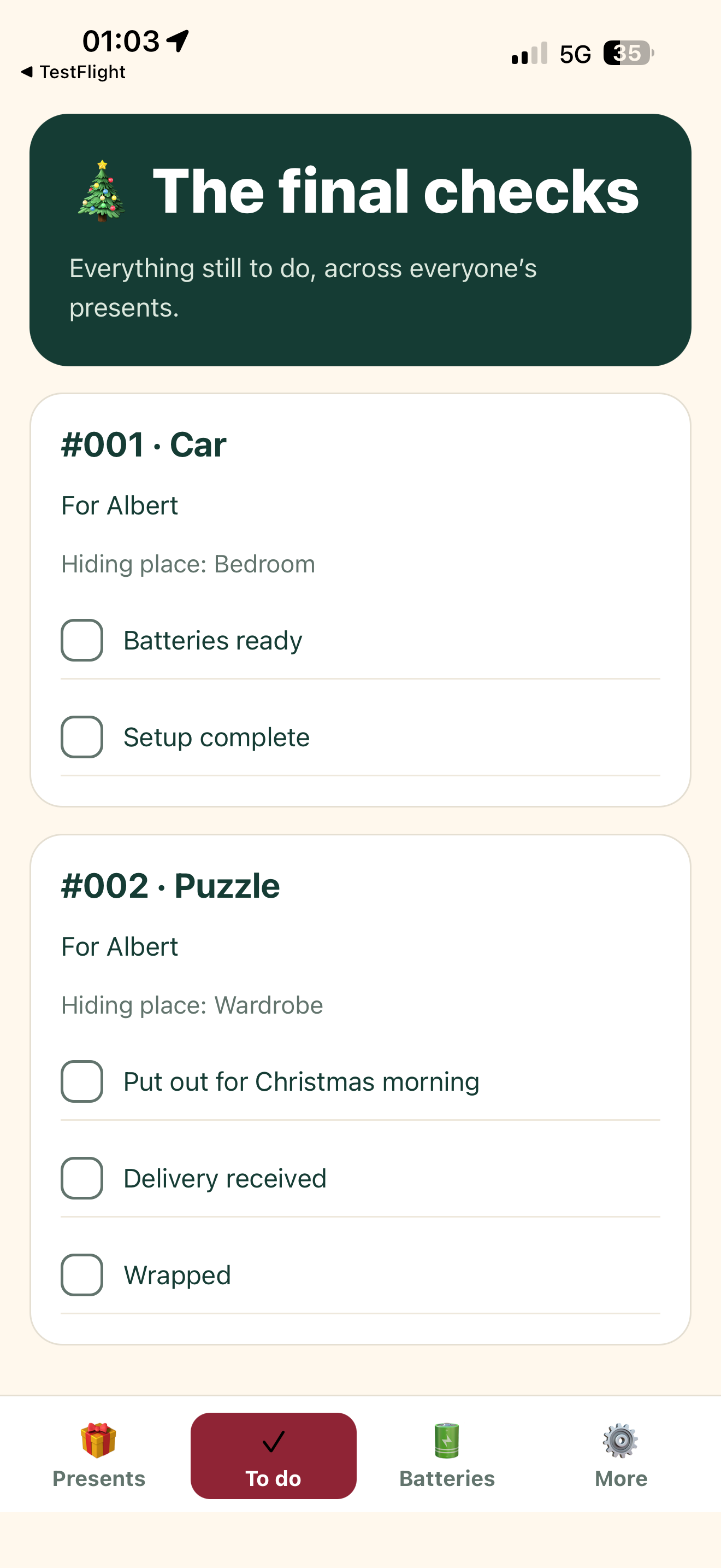 Gift checklist with batteries, setup, delivery and wrapping tasks
